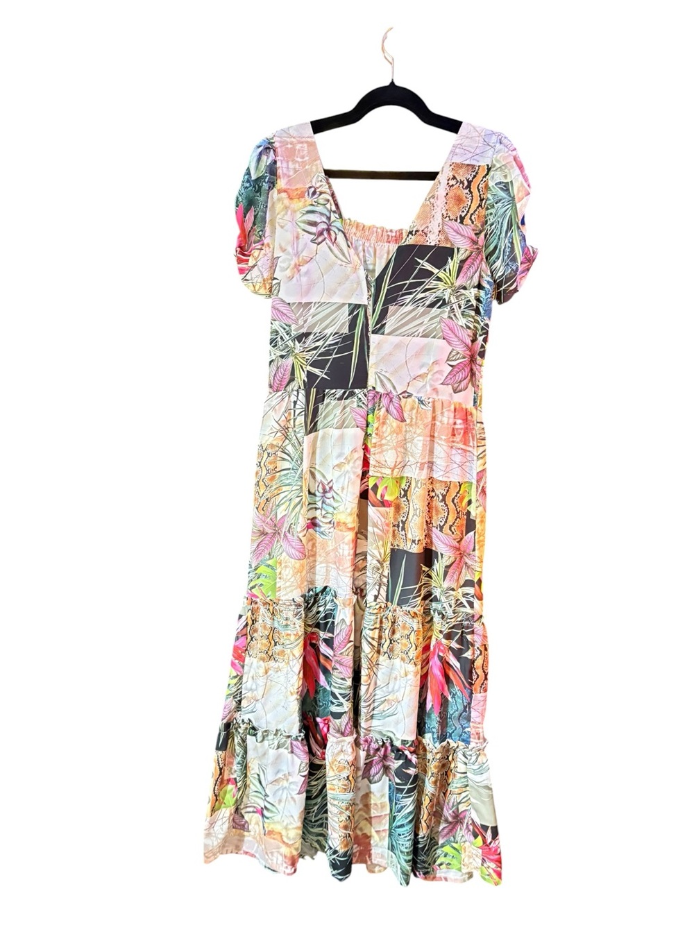 Adress Patchwork Mixed Pattern Tiered Ruffle Hem Cinched Sleeve Maxi Dress sz XL - Picture 4 of 11